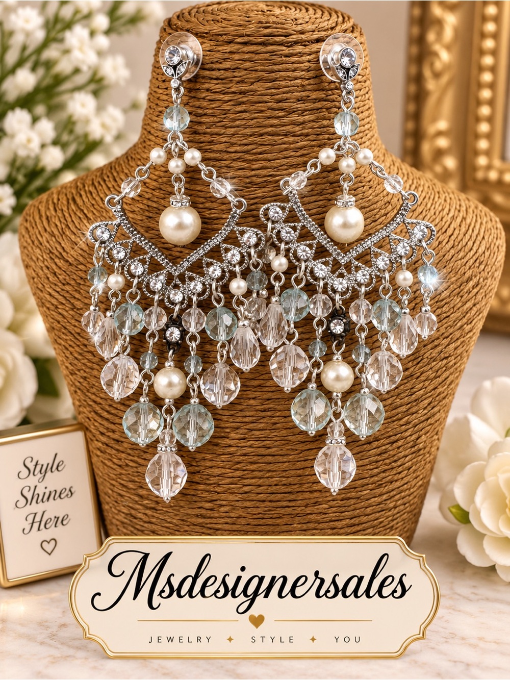 Silver Pearl & Crystal Chandelier Earrings